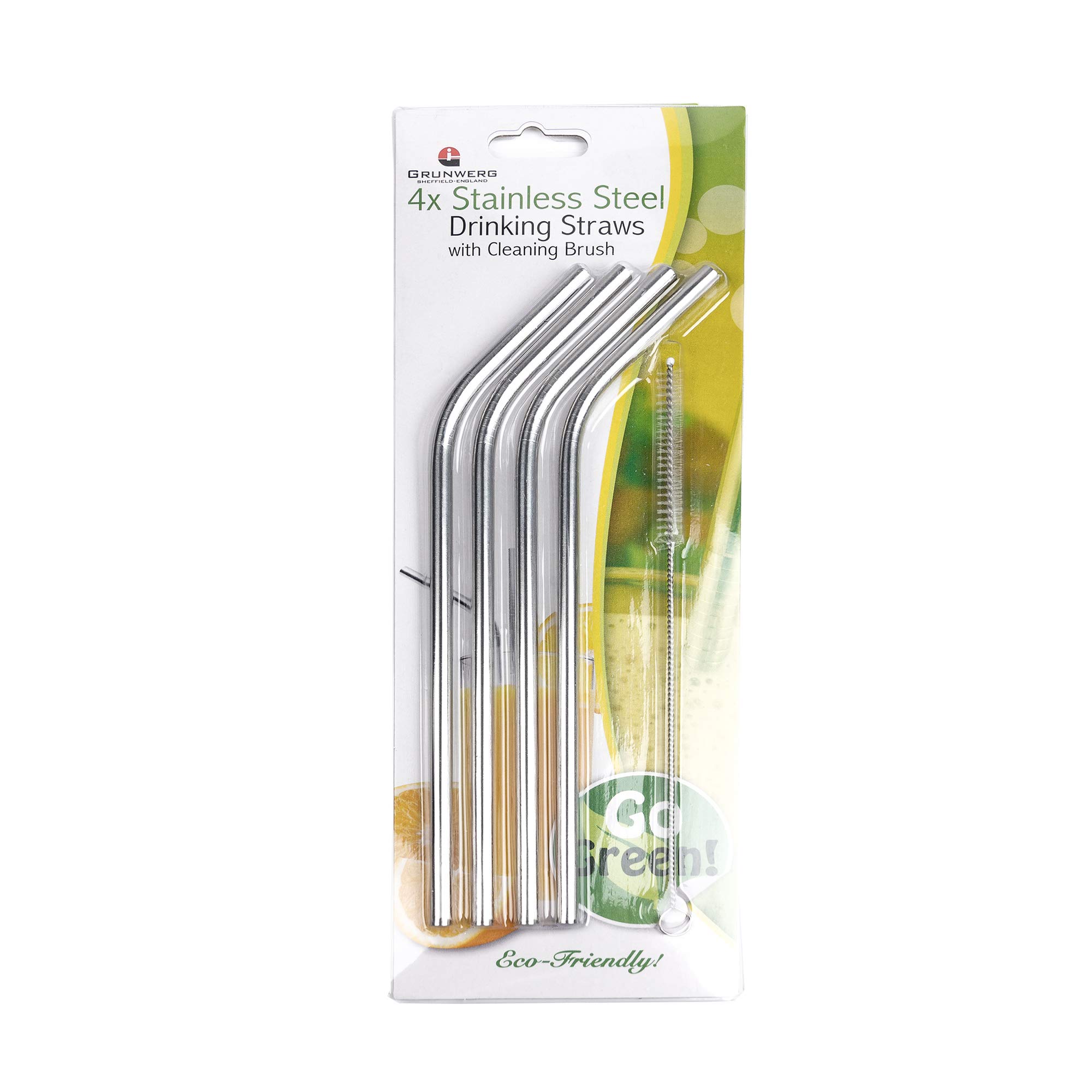 Grunwerg 4 Reusable, Curved, Stainless Steel Drinking Straws with a Cleaning Brush, 20.5cm