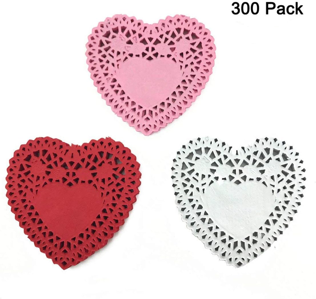 Oopsu 300PCS 3 Pack Valentine Heart Doilies 4 inch Heart Shaped Paper Lace Doilies for Valentine Day Decorations (Red, Pink and White)