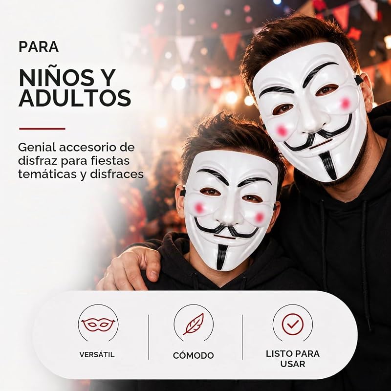 Máscara de Vendetta como Acessório de Fantasia para Homens, Mulheres, Crianças e Adultos para o Carnaval e Anónimos — foto 4 de 8