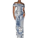 Yuopeid Women's Sexy Off Shoulder Bodycon Maxi Dresses Fashion Printed High Split Clubwear Party Long Dress