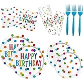 Birthday Plates & Napkins Supplies Tableware Set With 9" & 7" Colorful Dot Paper Plates Cups Plastic Napkins Forks Disposable Dinnerware Happy Birthday Party Decorations