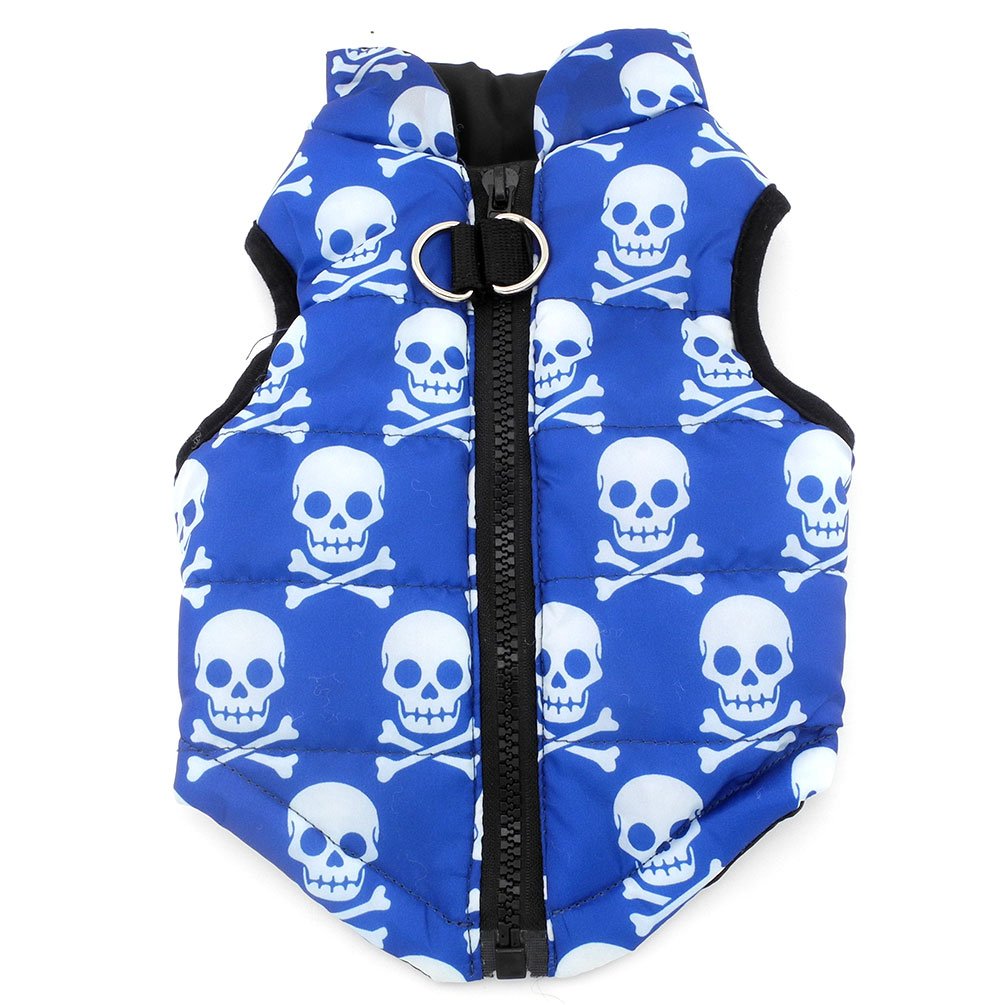 SMALLLEE_LUCKY_STORE Small Dog Cat Winter Coat Harness Jacket with D-ring Boy Girl Pet Puppy Comfort Padded Bomber Vest No Pull Chihuahua Clothes Blue Skull L