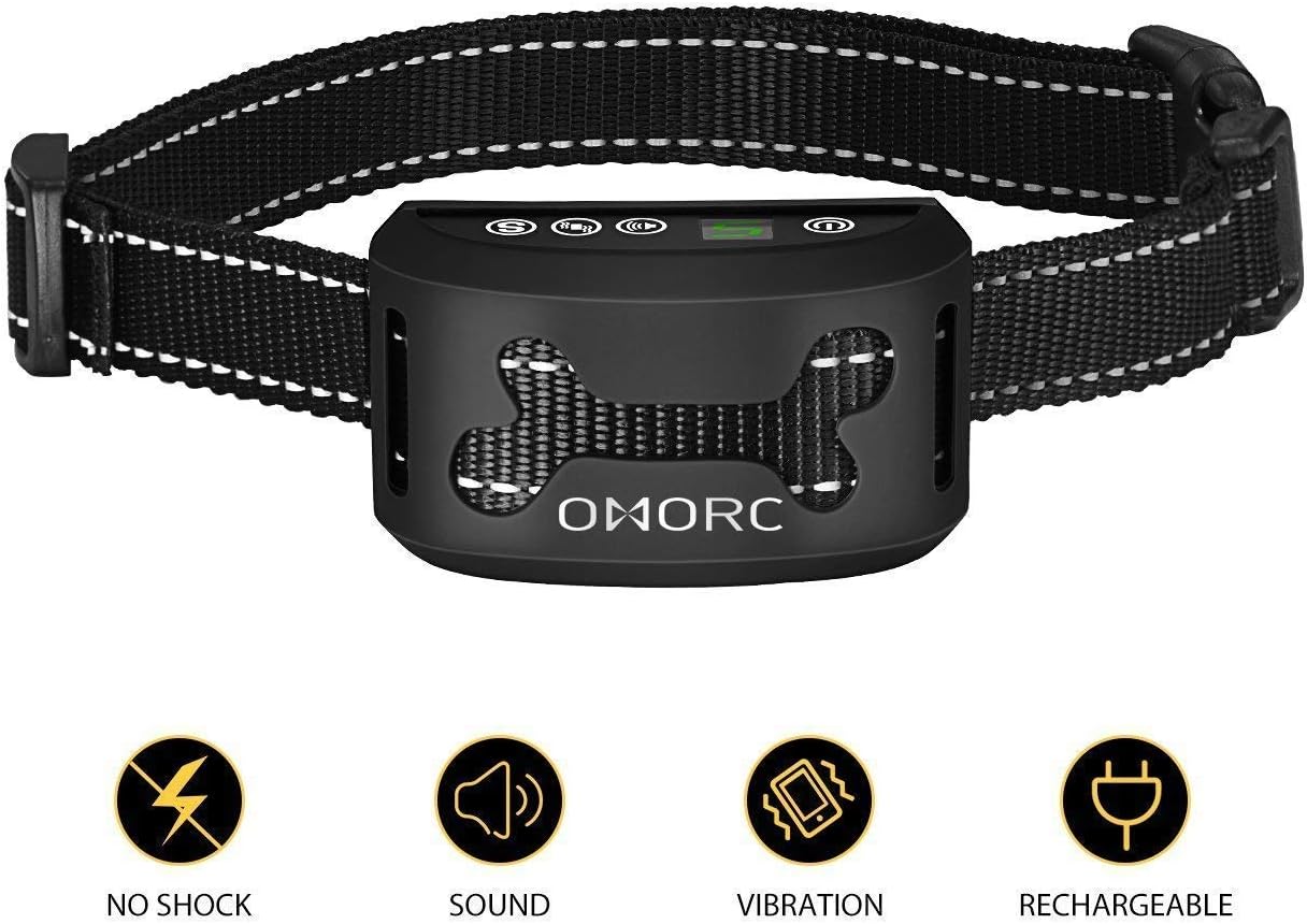 OMORC Harmless & Humane Anti Bark Dog Collar Intelligence USB Rechargeable Dog Anti Barking Collar No Spray No Shock for Small Medium Dogs, Deep Black