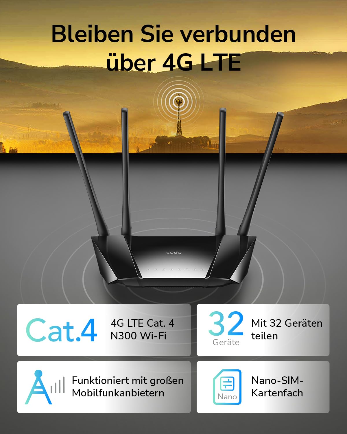 Cudy 4G LTE Router SIM Karte, N300 WLAN Router, 300 Mbit/s WLAN, SIM-Kartensteckplatz für jeden Betreiber FDD und TDD, DDNS, PPTP/L2TP VPN, LT400 2