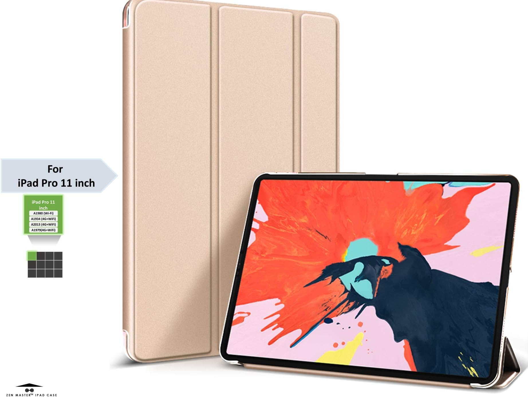 Zen Master PU Leather Trifold Case for Apple 11 inch iPad Pro 2018 Model A1980, A1934, A2013, A1979 with Auto Sleep/Wake (Gold)