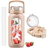 BLUEGO 64oz Glass Water Bottle with Handle and Straw, Motivational Sports Water Bottle with Time Marker and Silicone Sleeve Leakproof Drinking Bottle for Travel Gym Workout, Amber