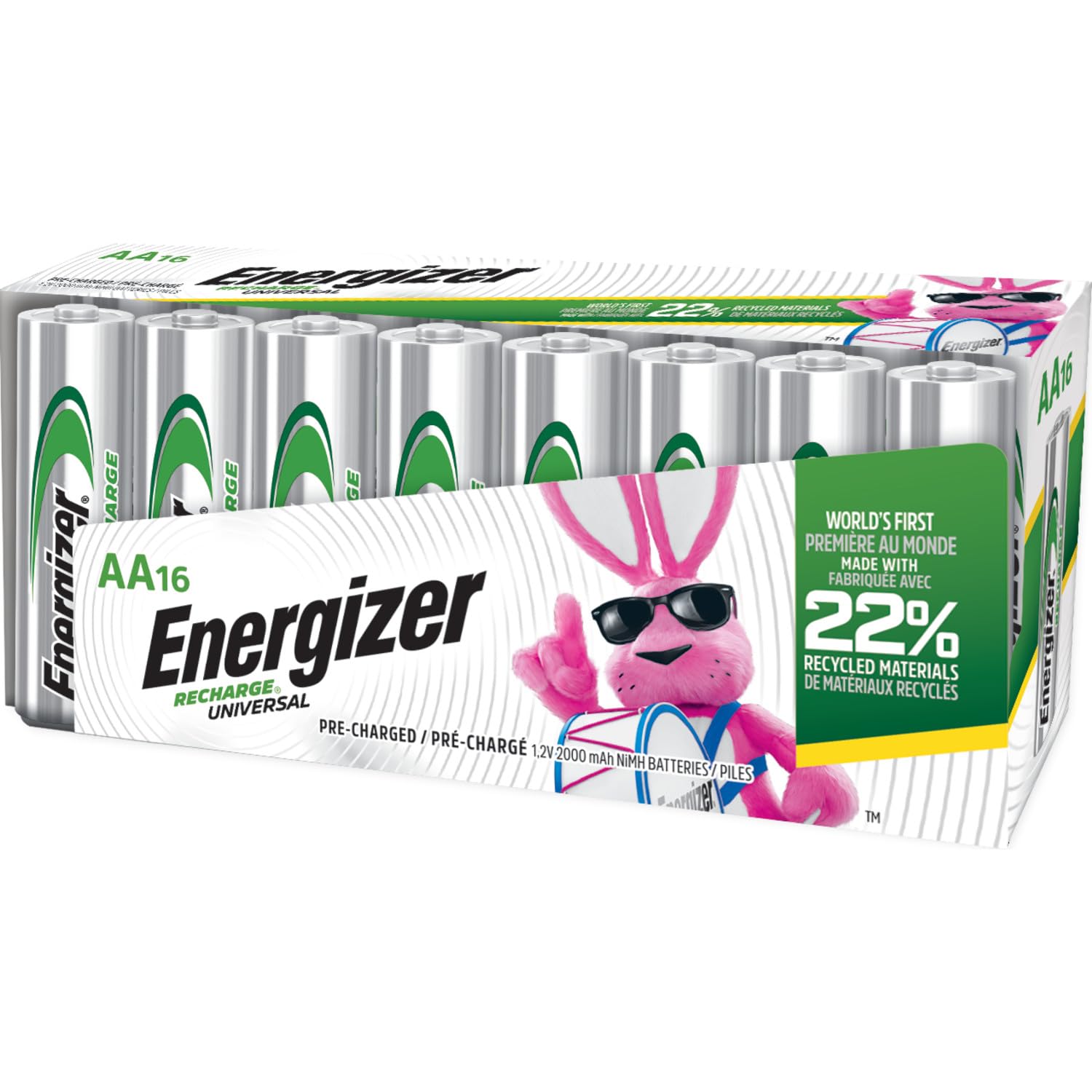 Energizer Recharge Universal Rechargeable AA Batteries (16 Pack), Double A Rechargeable Batteries