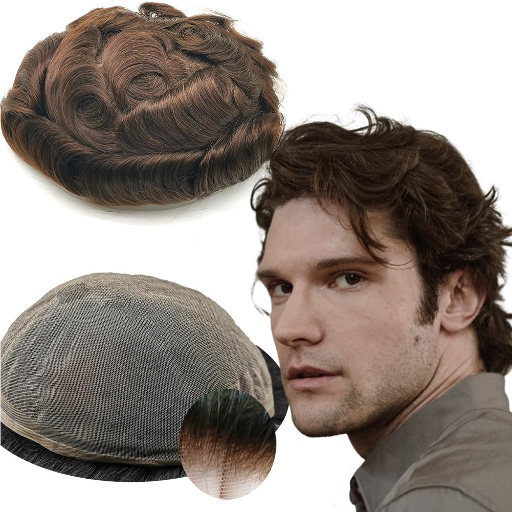 YANAHAIR Toupee for Men - Real Human Hair Replacement System - Fine French Lace Hairpiece - Customizable Hair Units - Natural-Looking Hair Pieces - Hair Prosthesis - #2 Dark Brown - 8x10 - Wavy