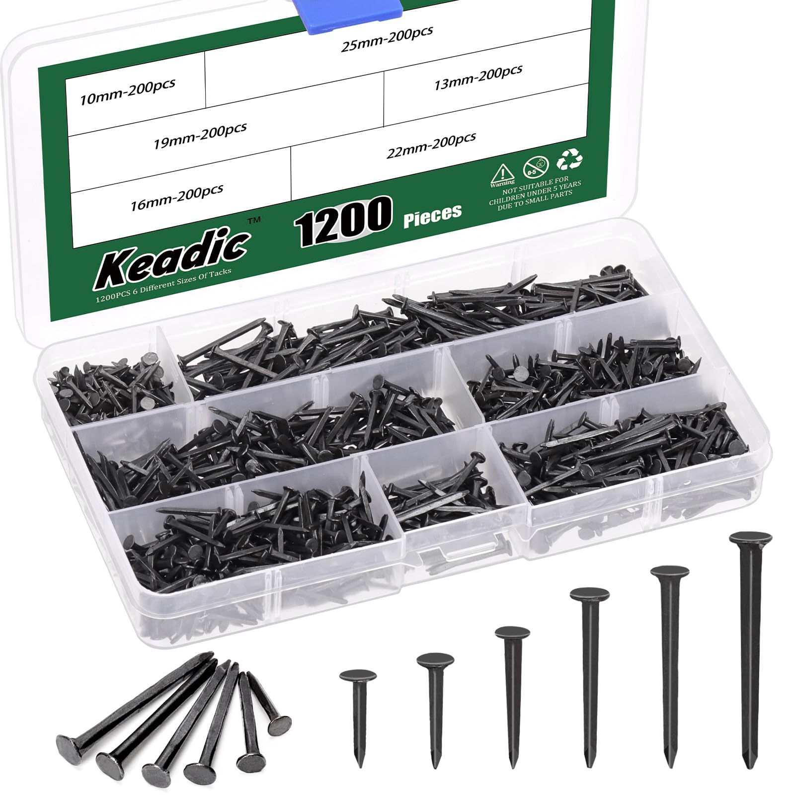 Keadic 1200Pcs 10/13/16/19/22/25mm Black Shoes Nails Assortment kit, Anti-Slip Carbon Steel Nails Tacks Replacement for Boots Leather Heels Soles Shoes Repairs