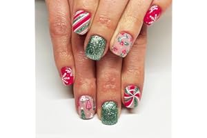 AROVFAM Christmas Holly Press on Nails Glossy Green Glitter Curve Line False Nails Short Square Snowflake Fake Nails Gel Glue on Nails Christmas Tree Stick on Nails for New Years Gifts 24 Pcs Merry Christmas