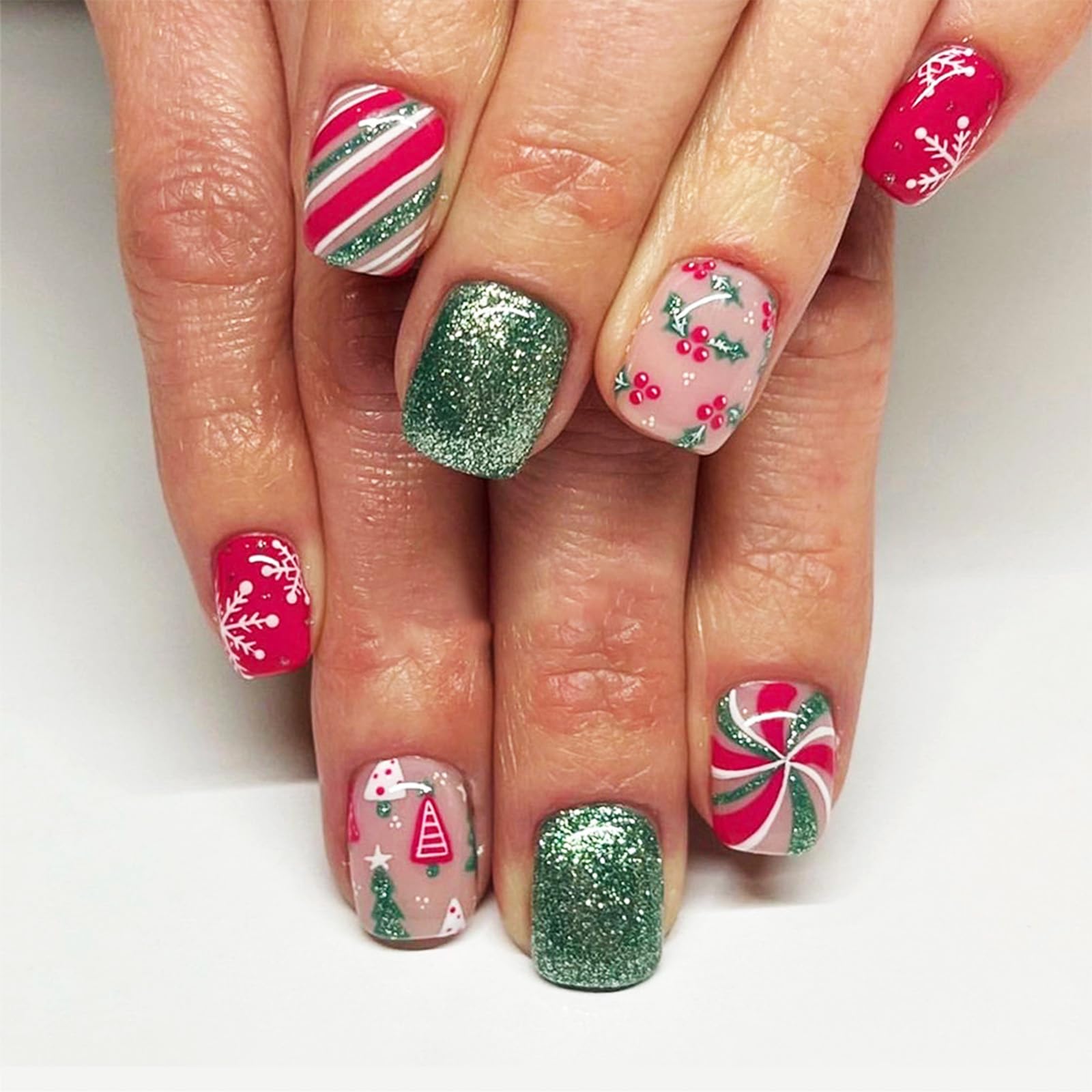 Christmas Holly Press on Nails Glossy Green Glitter Curve Line False Nails Short Square Snowflake Fake Nails Gel Glue on Nails Christmas Tree Stick on Nails for New Years Gifts 24 Pcs Merry Christmas