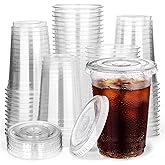 BALDCC 10 Oz 50 Set Clear Plastic Cups with Flat Lids, Disposable Cups with Lids, Plastic Coffee Cups for Cold Drinks, Iced Coffee, Milkshakes, Smoothies
