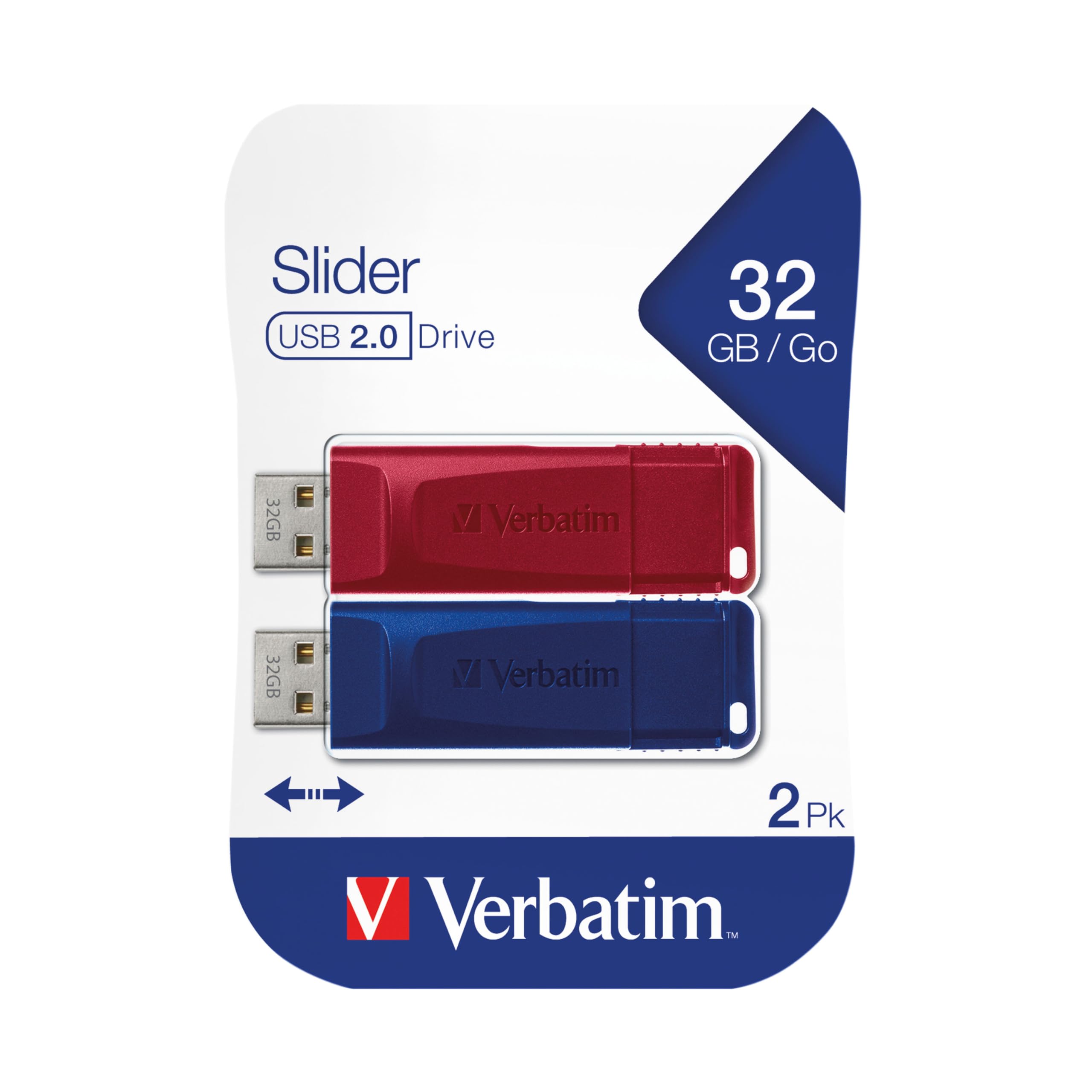 Verbatim Slider USB-flash drive multipack 32GB - USB 2.0-2x USB memory stick - for laptop notebook ultrabook TV car stereo - USB 2.0 stick - data-stick with sliding-mechanism - red blue