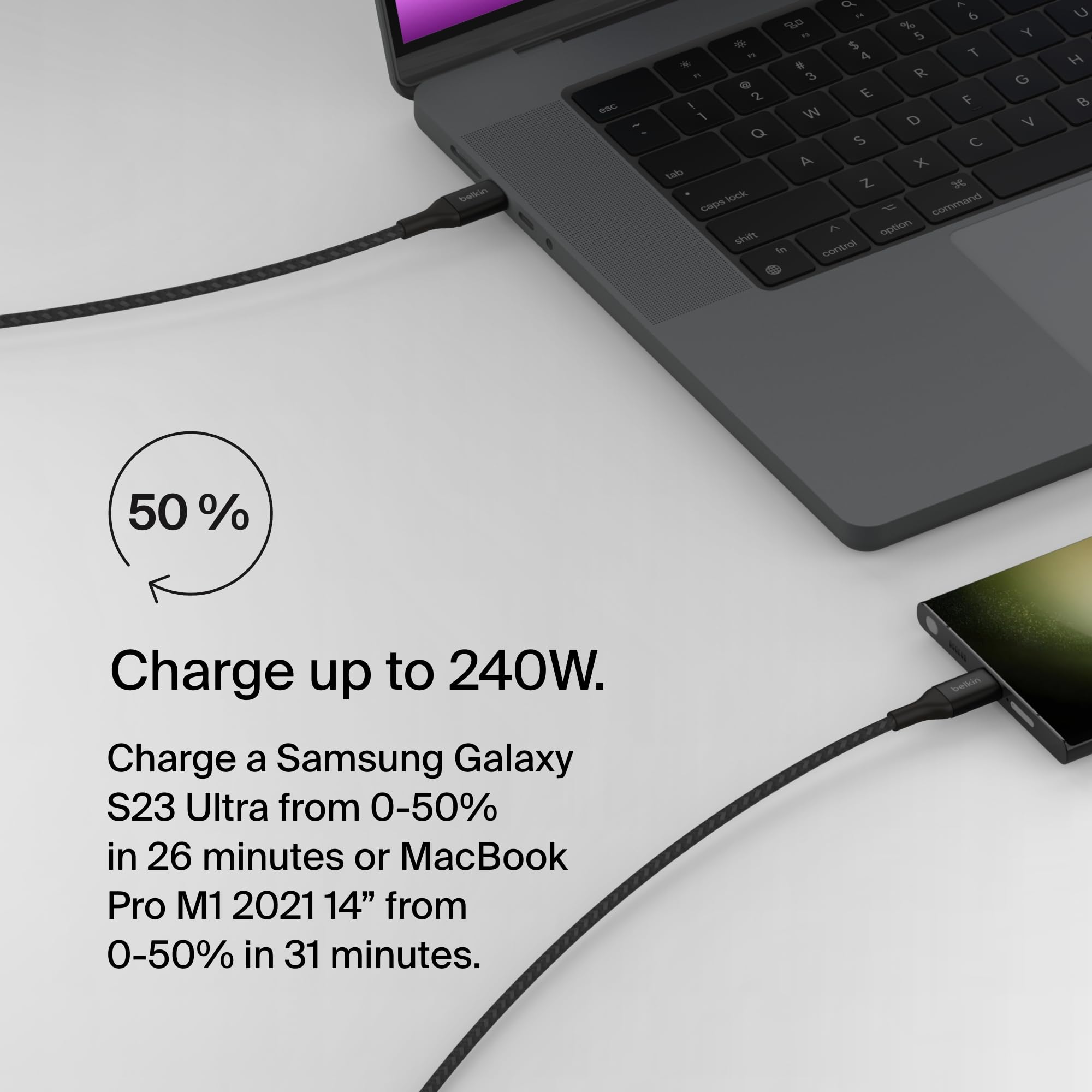 Belkin USB C to USB C Cable, 6.6ft, 240W - Type C Charger, iPhone Charger Cord, Fast Charging for iPhone 16, Galaxy S25, Pixel 9, MacBook, Chromebook, iPad Pro, Switch Steam Deck - Black