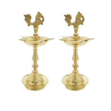 LotusFeet Spirituality Traditional Kuthu Vilakku with Peacock Design Pooja/Puja Diya Lamp/Oil Lamp (Pack of 2)