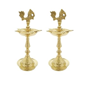 LotusFeet Spirituality Traditional Kuthu Vilakku with Peacock Design Pooja/Puja Diya Lamp/Oil Lamp (Pack of 2)