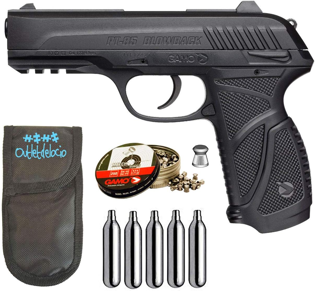 Outletdelocio Pack Pistola Perdigon Gamo Pt 85 4 5mm Blowback Funda Balines Bombonas Co2 303 Amazon Es Deportes Y Aire Libre