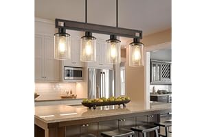 HUONG SON Farmhouse Dining Room Light Fixture, 4-Light Wood Kitchen Island Lighting for Dining Room Over Table, Black Adjustable Pendant Light with Seeded Glass Shades, Linear Chandeliers Lighting for Kitchen