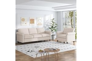 MUZZ 2PCS Sofa Set for Living Room, 4 Seat Modern Linen Sectional Couch Set with Nailhead Trim Design, Living Room Furniture Set (Sofa & Chair/Beige)