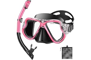 PIYAZI Snorkeling Gear for Adults Kids, Dry Snorkeling Set, Panoramic Anti-Leak and Anti-Fog Tempered Glass Lens, Adjustable Strap Snorkel Set with Mesh Bag Ear Plug for Snorkeling Scuba Diving Travel