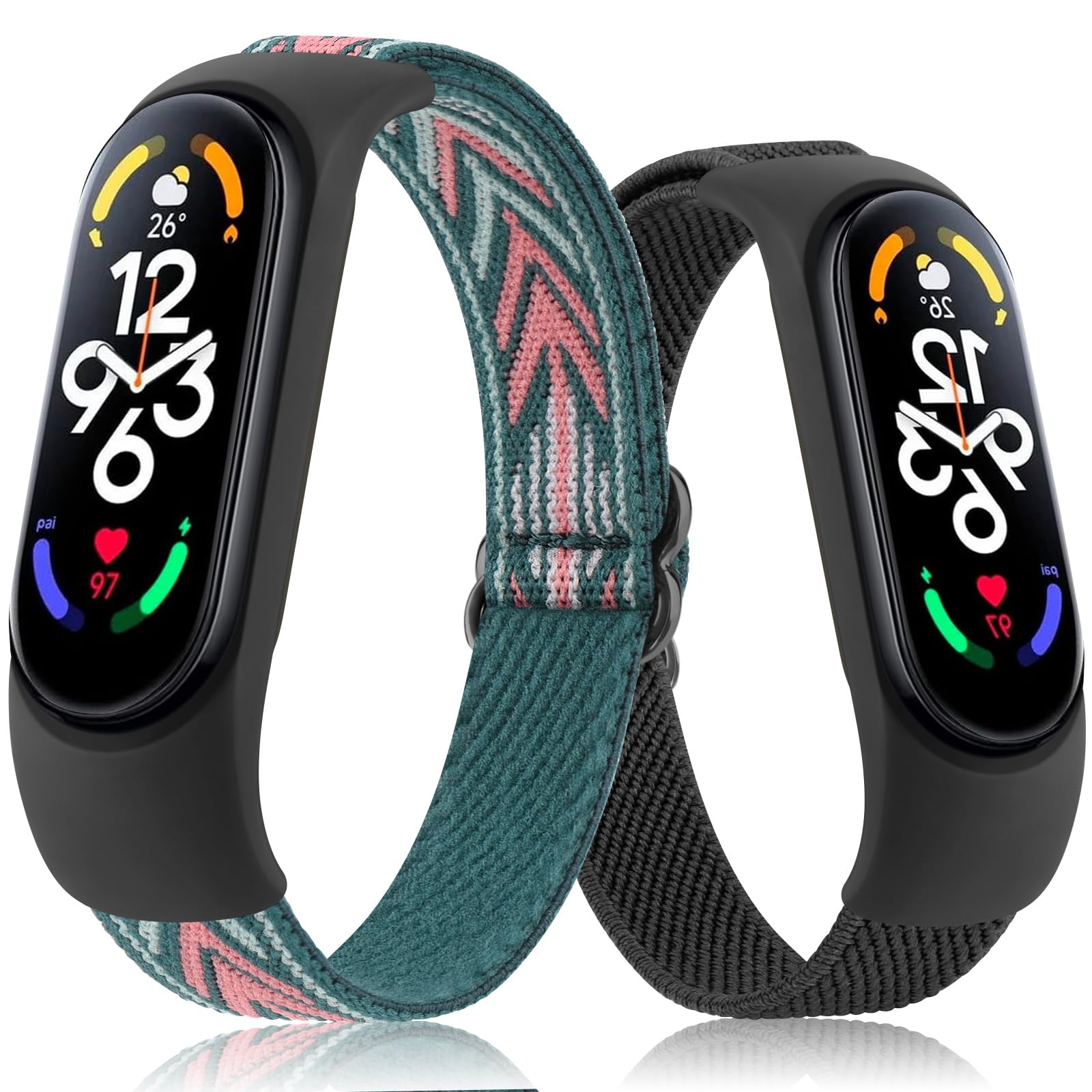 Adjustable Elastic Watch Straps Compatible with Xiaomi Mi Band 7/6/5/4/3, Stretchy Nylon Sports Band for Men Women (Black/Green Arrow)