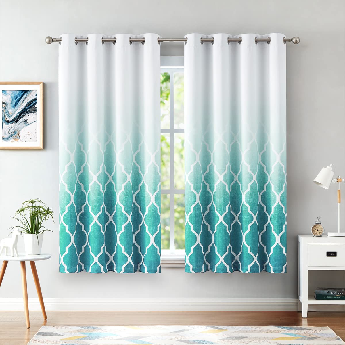 Beauoop Blackout Curtains for Bedroom Teal Ombre Curtains 72 Inch Drop Geometric Print Eyelet Curtain for Living Room Darkening Thermal Insulated Window Curtain Drapes 2 Panel