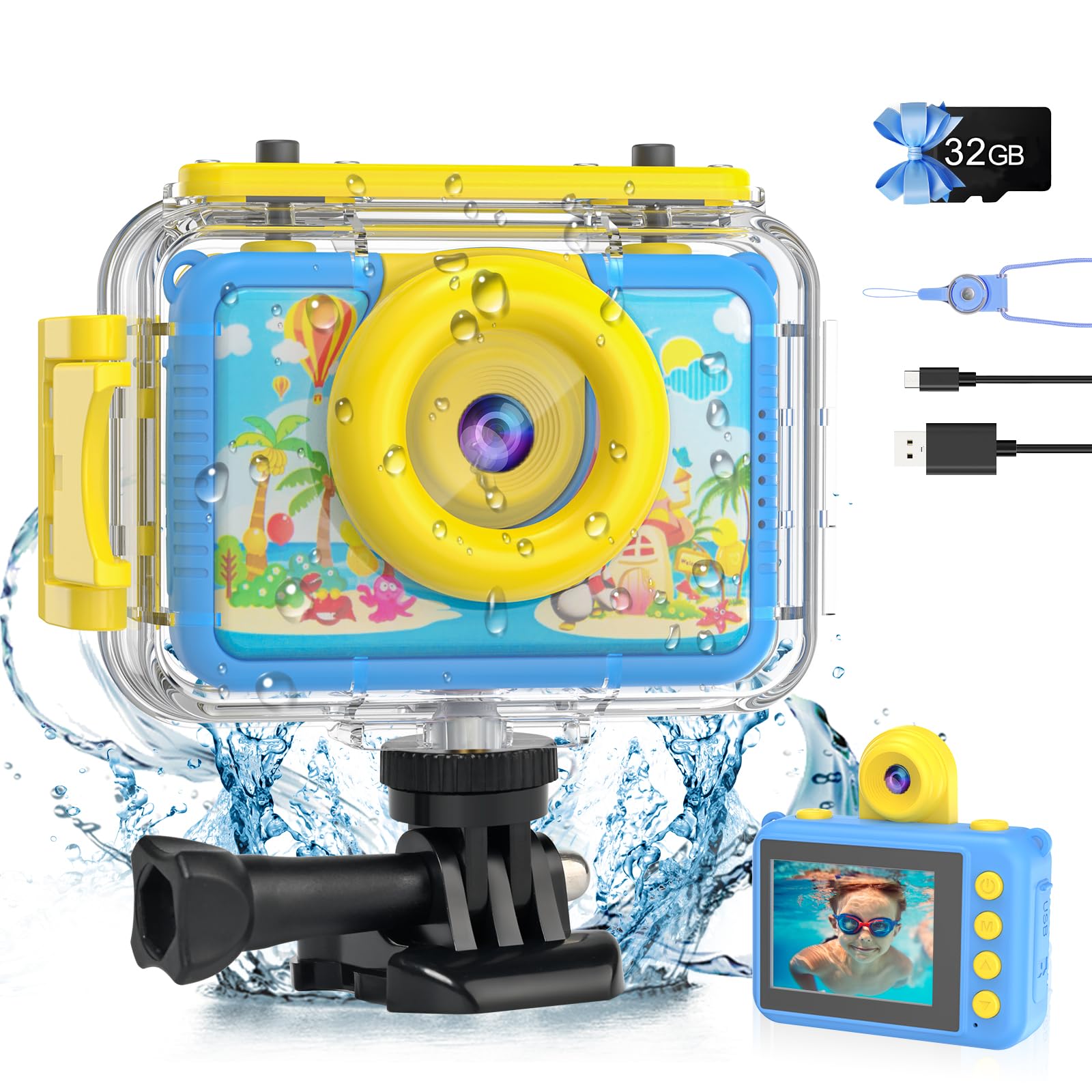PROGRACE Kids Waterproof Camera - 2024 Upgrade Digital Underwater Camera for Kids Snorkeling Childrens Diving Cameras for Boys Christmas Birthday Gifts Action Cameras Pool Toys for Age 4 5 6 7 8 9 10