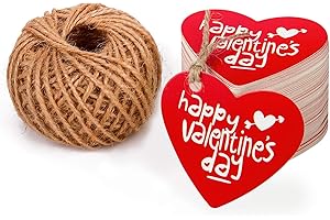 WRAPAHOLIC Gift Tags with String - 100PCS Happy Valentine's Day Sweet Heart Paper Tags with 100 Feet Natural Jute Twine for Valentine' Day, Party Favors