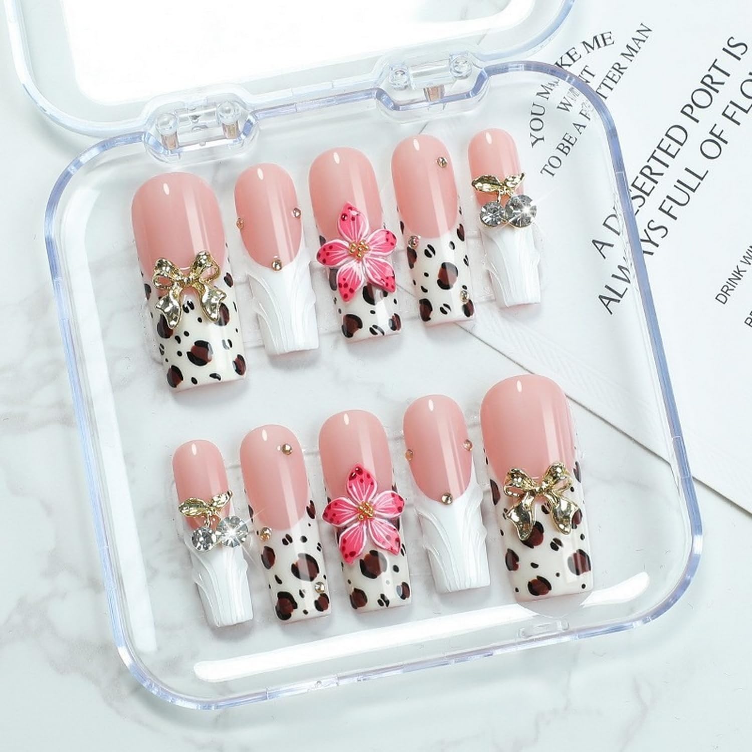 Photo 1 of White French Tip Press on Nails Handmade Press on Nails 3D Flower and Rhinestones Bow Embossed Designs Long Coffin Spring Summer Fake Nails Muti-Layer Gel False Nails for Women Nails DIY (Size S)