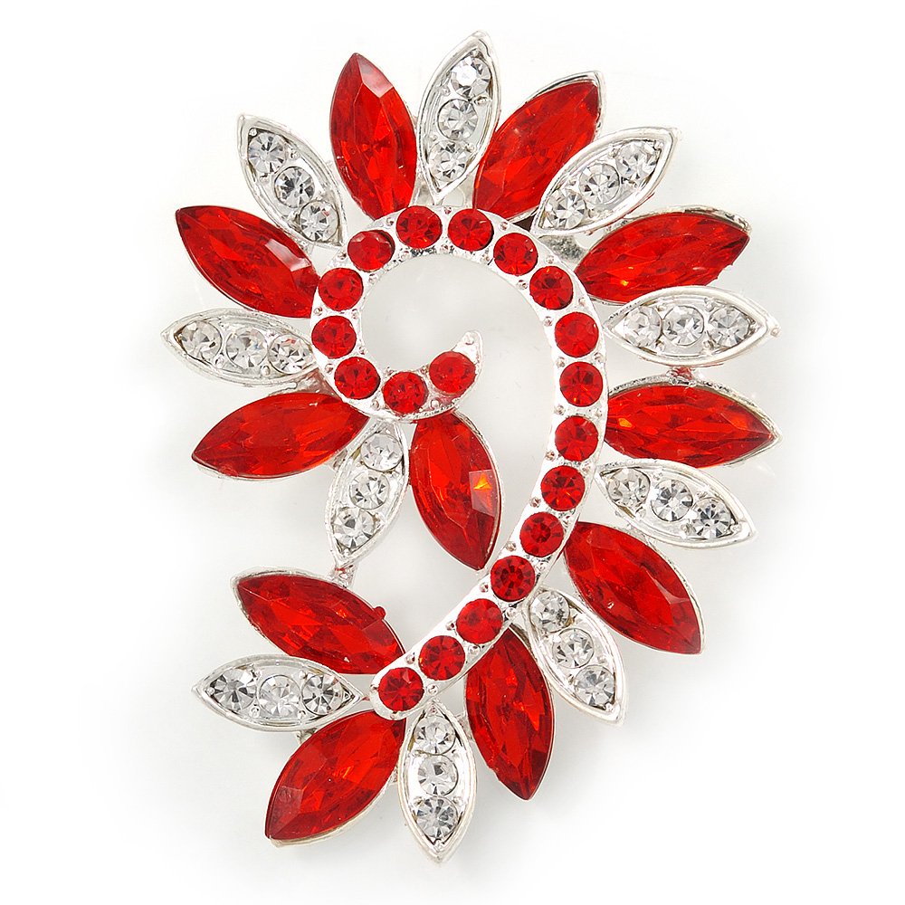 Large Siam Red/Clear Corsage Brooch In Silver Tone Metal - 65mm L