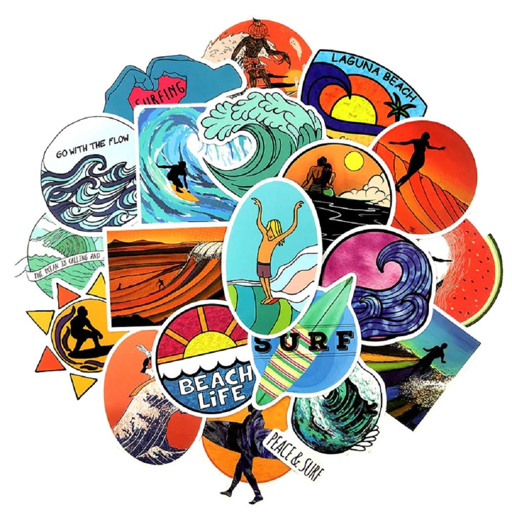 SET PRODUCTS Top Stickers! Pack of 50 Surfing Stickers - Sticker HD Vinyls - Non-Vulgar - Surf, Beach, Sand, See, Sun - Customization Laptop, luggage, motorcycle, bike, scrapbooking