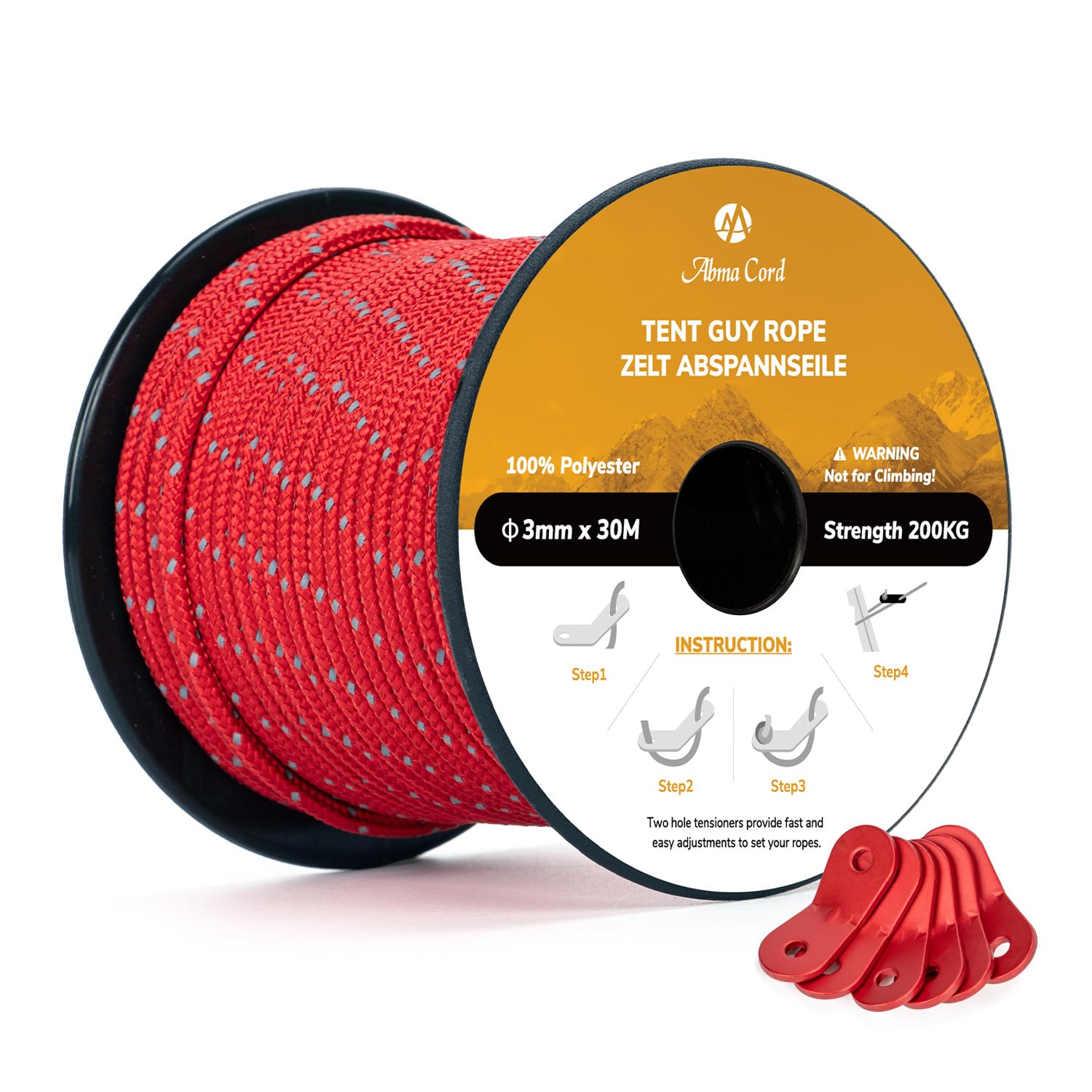 Abma Cord Tent Guy Ropes 3mm 30M Guy Line 6 Pcs Guy Rope Tensioners Heavy Duty Guide Rope for Camping, Gazebos, Awning, Tarp - Reflective Red