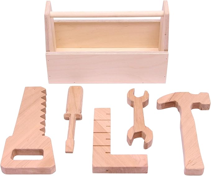 Wooden Kid's Tool Box Toy Set, 6 Piece Wood Tool Play Set