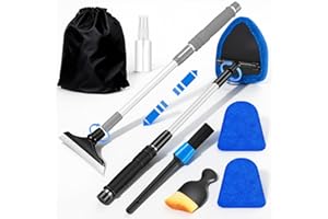 vioview Windshield Cleaner Tool, Car Interior Cleaning Kit with Extendable Handle and 3 Reusable Microfiber Pads, Auto Glass Wiper and Detailing Brush Kit for Car & Home Window, Blue