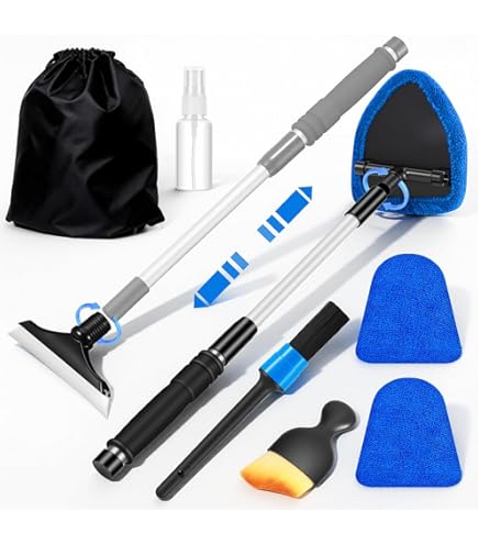 Nettoyant Pare-Brise Voiture Extensible - Manche Long + 4 Tampons Microfibre Lavables (Bleu)