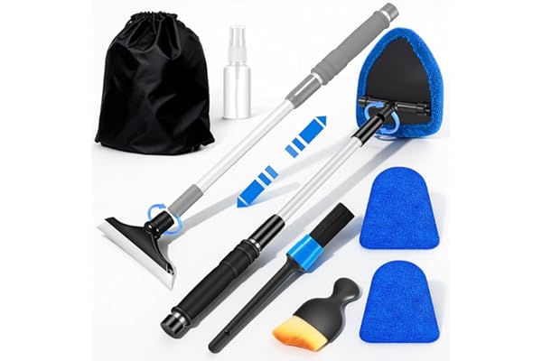 vioview Windshield Cleaner Tool, Car Interior Cleaning Kit with Extendable Handle and 3 Reusable Microfiber Pads, Auto Glass
