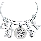 Sterling Silver Plated Violin Charm Bracelet – Expandable Bangle with Music Note, Heart & “Music is the Voice of the Soul” Charm – Handmade Jewelry Gift for Musicians, Orchestra & Music Lovers