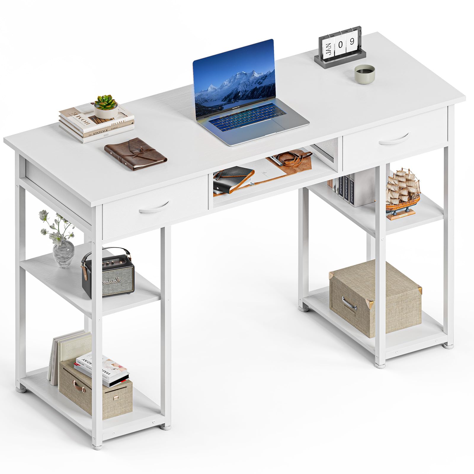 Photo 1 of ***SIMILAR TO STOCK IMAGE, VIEW ALL IMAGES*** Sweetcrispy Computer Gaming Desk with Fabric Drawers - 48 Inch Home Office Bedroom Writing StudyTable with Storage Shelves Adjustable Feet PC Desk, White***(**Color differs from the image*******