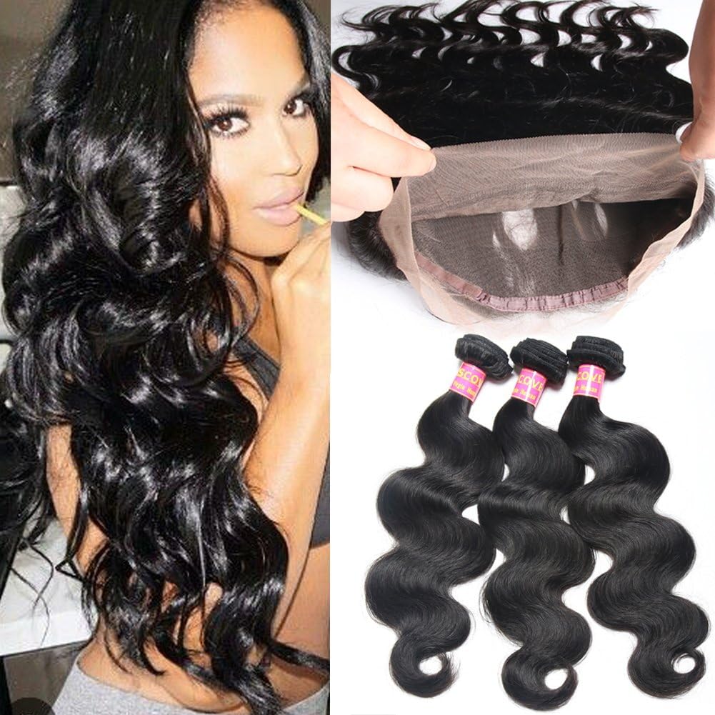 MSCOVE Hair Pre Plucked 360 Lace Frontal Closure With 3 Bundles Peruvian Virgin Human Hair Weave (360 Free Part 8"+3 Bundles 10"12"14")
