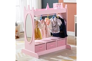 JOYLDIAS Kids Dress Up Storage with Mirror and Drawers, Kid Armoire Dresser, Pretend Storage Closet for Kids, Costume Wardrobe W/Side Pockets Top Shelf for Playroom Bedroom, Lovely Pink