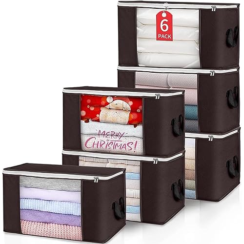 Budding Joy Clothes Storage, Foldable Large Storage Bags, Storage and Organization for Clothing, Blanket, Comforter, Clothes, Pillows, Closet Organizers with Enhanced Handle, 60L 6 Pack Brown