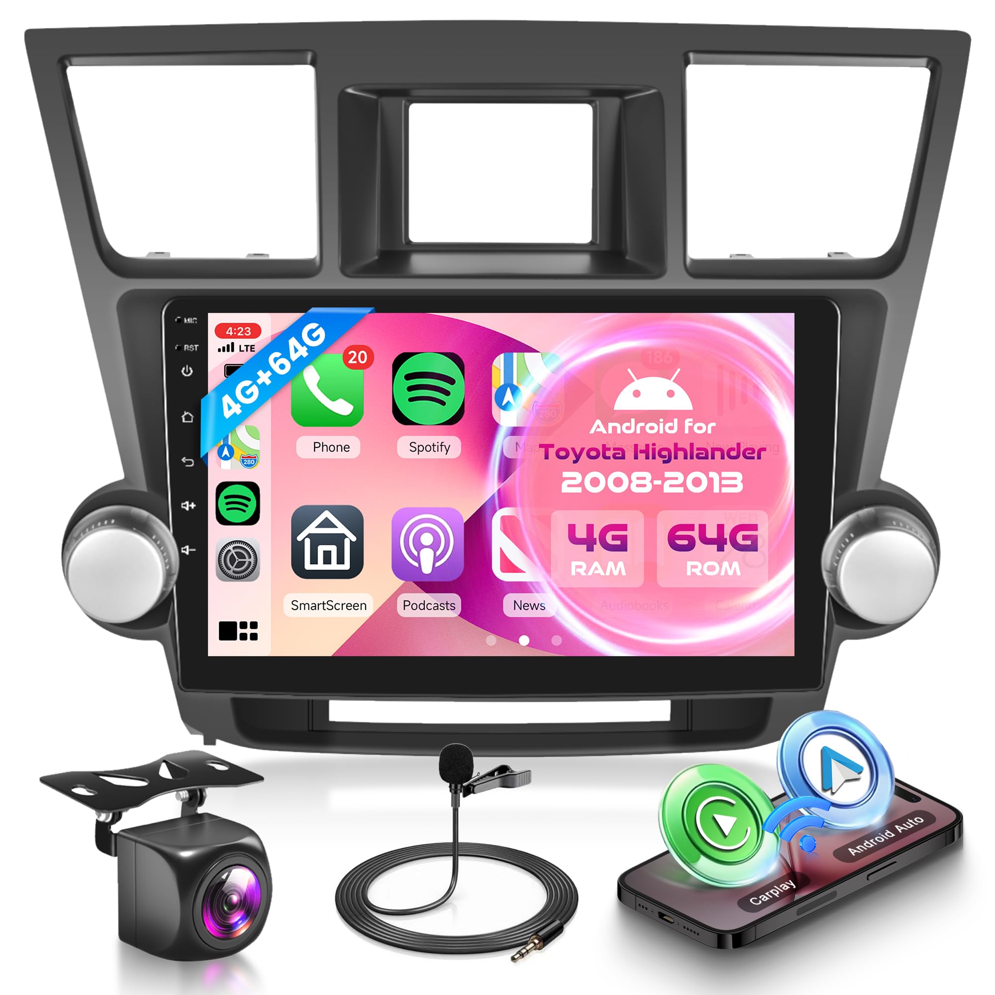 4G+64G Car Radio for Toyota Highlander 2008-2013 with Wireless CarPlay Android Auto, 10.1 Inch Touchscreen Android Car Stereo with GPS Navigation WiFi SWC Bluetooth FM RDS 32EQ Backup Camera