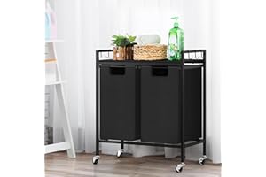 VRISA Double Laundry Hamper with Shelf Laundry Basket with Wheels Laundry Sorter 2 Section Laundry Organization and Storage with Removable Hooks for Laundry Room, Bedroom, Bathroom, Dorm, 24 Gal, Black