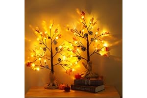 ILLUMINEW 2 Pack 24 Inch Artificial Fall Oak Maple Pumpkin Tree, LED Lighted Fall Decorations for Home, Fall Centerpieces for Tables, Perfect for Thanksgiving, Autumn, Wedding and Halloween Decor