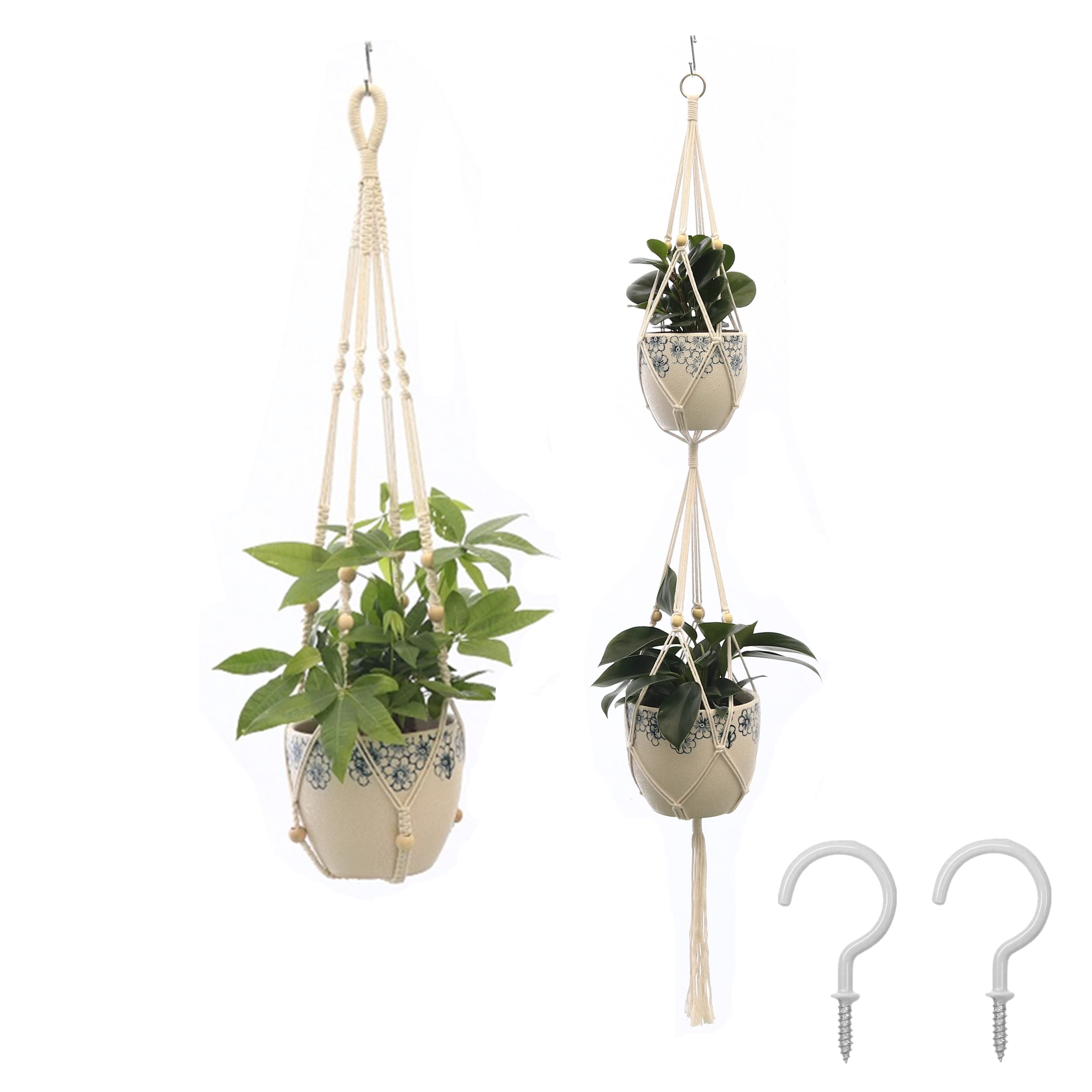 Sricam Hanging Planters Baskets, 2 Pack Cotton Rope Macrame Plant Hanger with 2 Pcs Cup Hooks (A), Wall Hanging Flower Plant Pot Holder for Indoor Outdoor Balcony Decoration- 90CM & 140CM