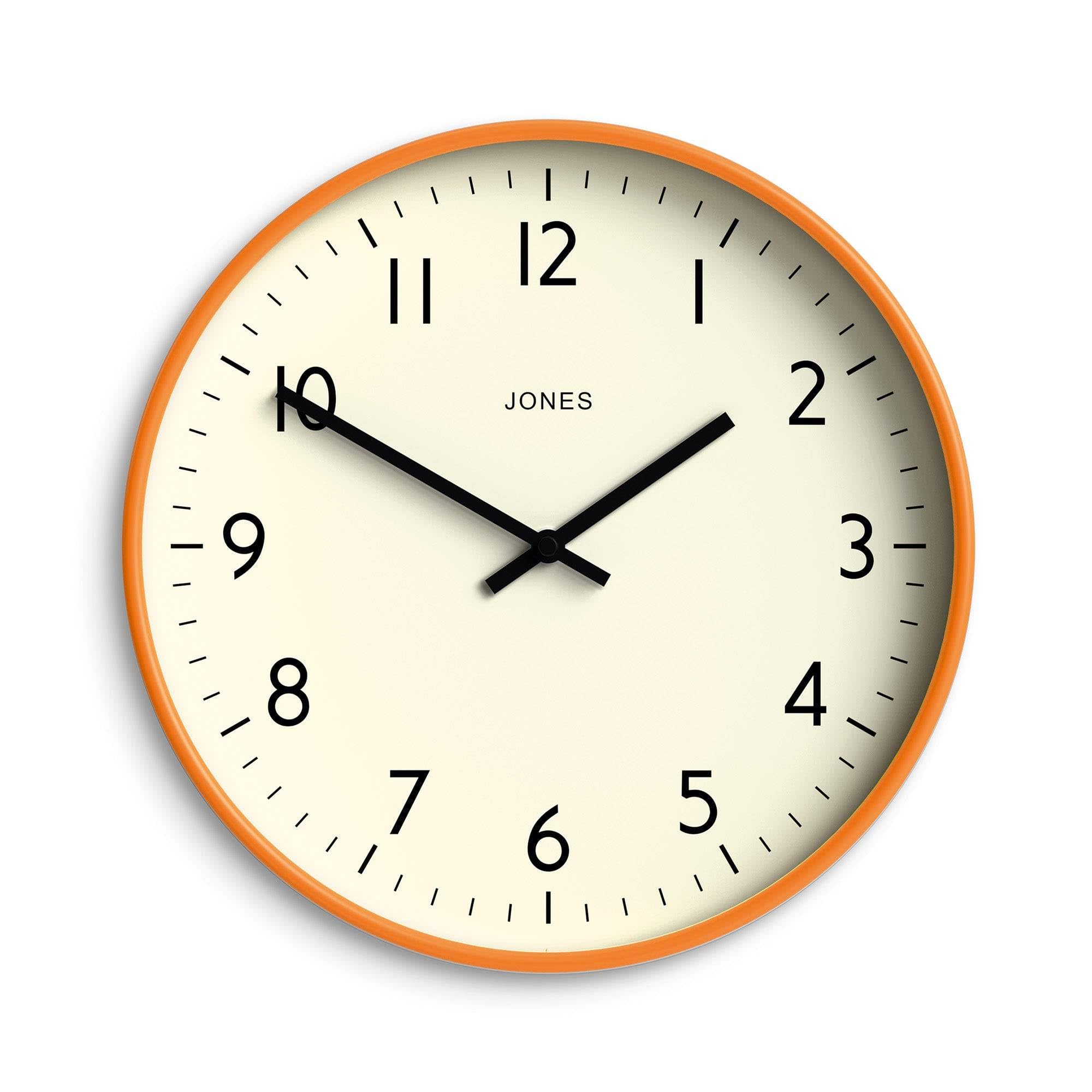 Jones Clocks® Studio wall clock | Modern round clock | 30cm | Orange | Easy to read numbers | Versatile design for kitchen, living room or office