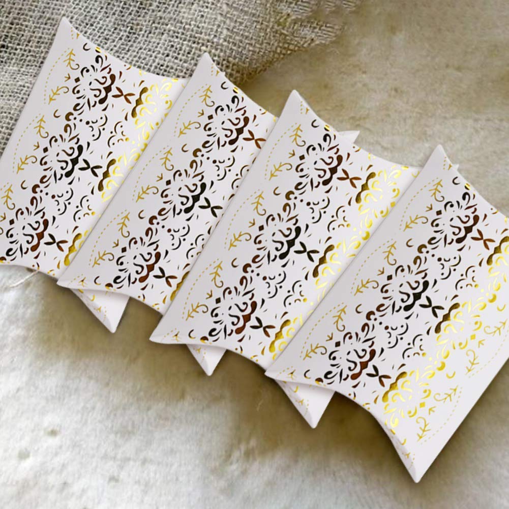 100pcs Gold Pillow Box,Kraft Paper Pillow Boxes Candy Treat Gift Boxes for Wedding Bridal Shower Baby Shower Birthday Party Supplies