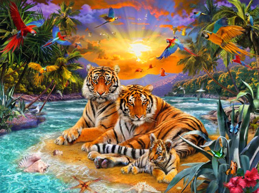 WOWDECOR Paint by Numbers Kits, DIY Oil Painting - Tiger Family Birds Sunset Island 16x20 inch (Framed)