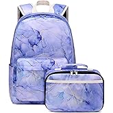 JIANYA Backpack for Teen Girls, Elementary Kids School Backpacks Marble Bookbag for Middle School Girls Backpack with Lunch Box, Purple
