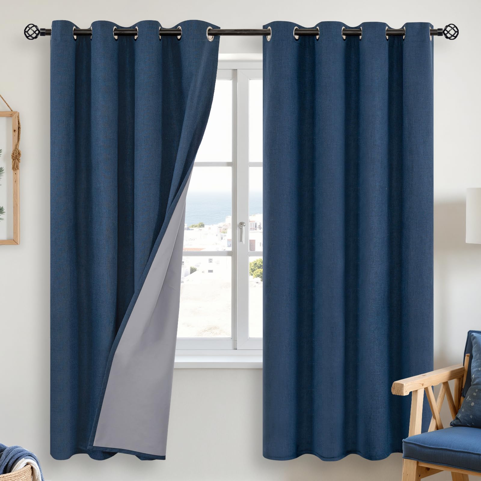 YoungsTex Linen Blackout Curtains for Bedroom 78 Inches Long, Full Light Blocking Drapes for Living Room Windows Thermal Insulated Blinds with Grommet, Navy Blue, 2 Panels, 52 X 78 Inch Image